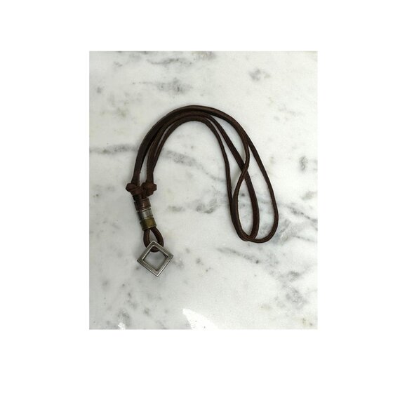 ODETOJOY Hollow Cubic Brown Genuine Leather Pendant Necklace Unisex Jewelry New - Picture 1 of 4